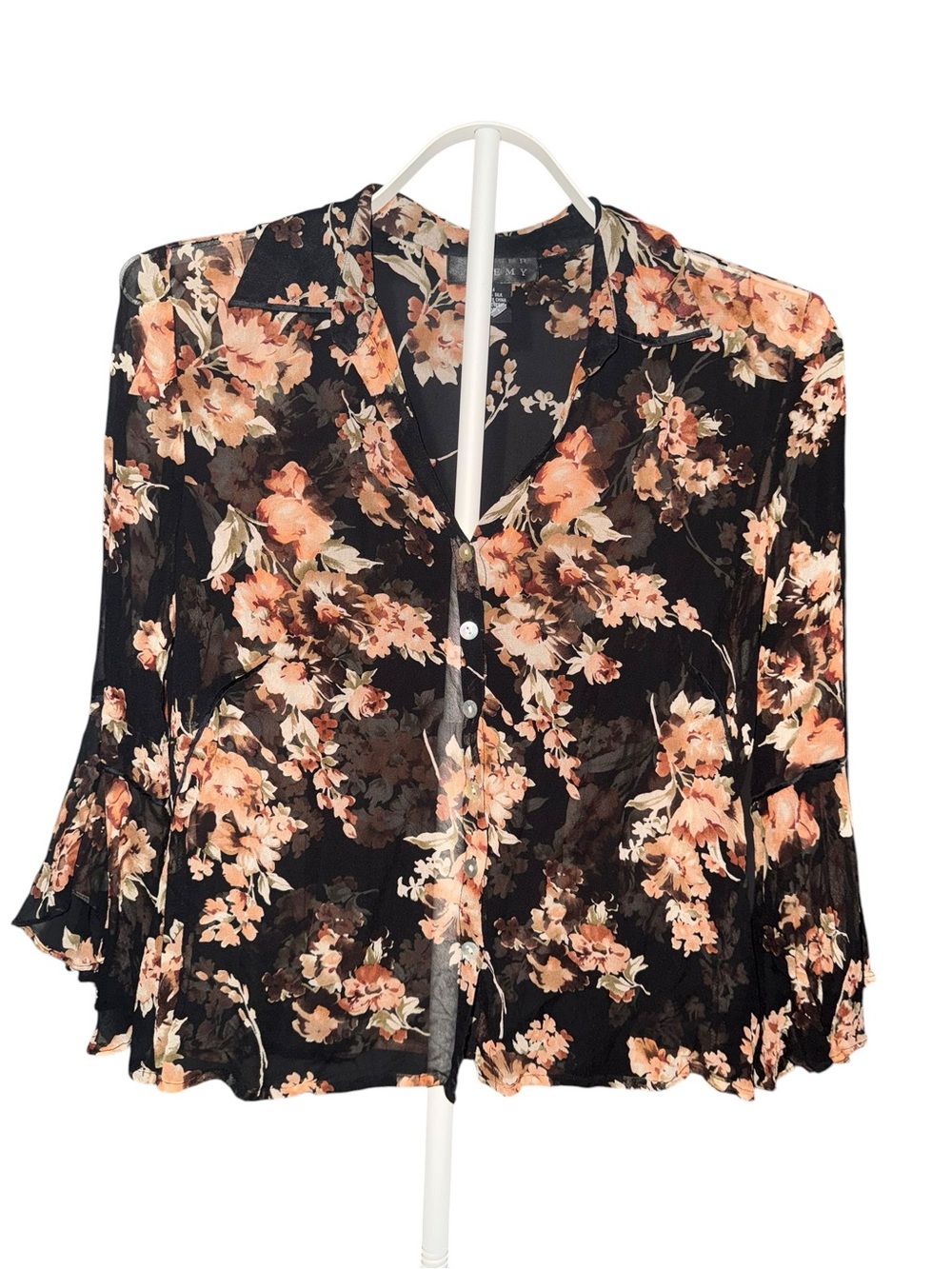 Vintage Spenser Jeremy 100% Silk Floral Blouse Medium Sheer Ruffle Bell Sleeve